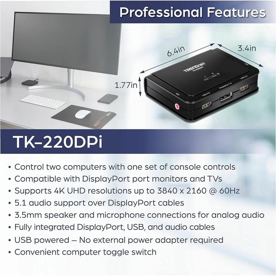 TRENDnet 2-Port 4K DisplayPort KVM Switch TK-220DPi (v1.0R) TK-220DPI