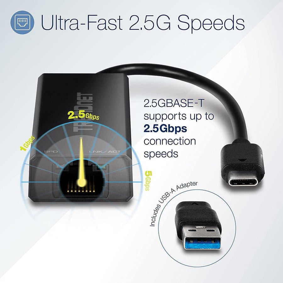 TRENDnet USB-C 3.1 To 2.5GBase-T Ethernet Adapter, IEEE 802.3bz 2.5GBASE-T Compliant, Supports Up to 2.5Gbps connection Speeds, Supports 802.1p (CoS) And 802.1Q (VLAN), Black, TUC-ET2G TUC-ET2G