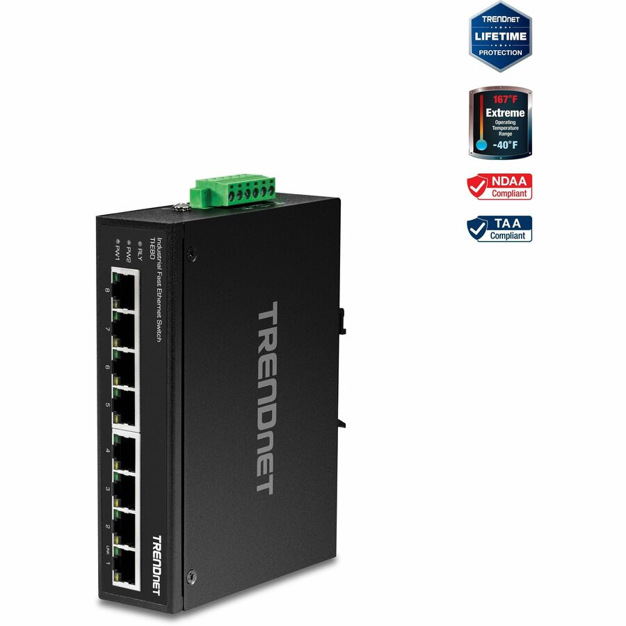 Commutateur sur rail DIN Fast Ethernet industriel non géré TRENDnet à 8 ports ; TI-E80 8 ports Ethernet rapides ; Capacité de commutation de 1,6 Gbit/s ; commutateur Ethernet rapide réseau à 8 ports ; commutateur métallique IP30 ; protection à vie TI-E80