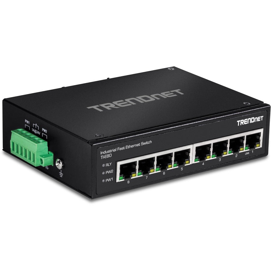 Commutateur sur rail DIN Fast Ethernet industriel non géré TRENDnet à 8 ports ; TI-E80 8 ports Ethernet rapides ; Capacité de commutation de 1,6 Gbit/s ; commutateur Ethernet rapide réseau à 8 ports ; commutateur métallique IP30 ; protection à vie TI-E80