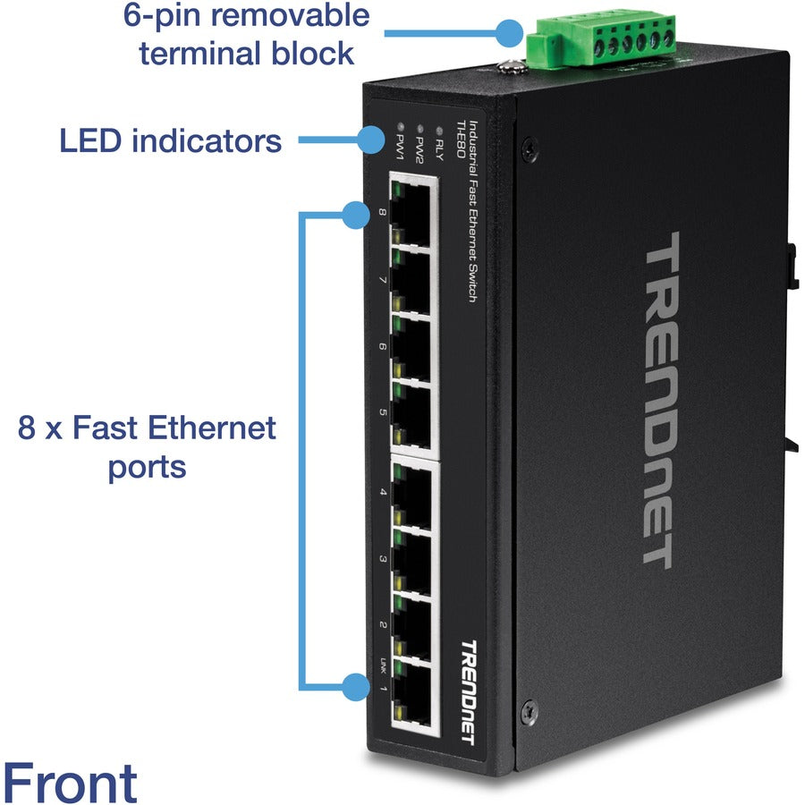 Commutateur sur rail DIN Fast Ethernet industriel non géré TRENDnet à 8 ports ; TI-E80 8 ports Ethernet rapides ; Capacité de commutation de 1,6 Gbit/s ; commutateur Ethernet rapide réseau à 8 ports ; commutateur métallique IP30 ; protection à vie TI-E80