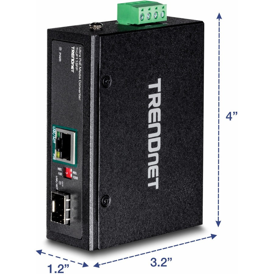 TRENDnet Hardened Industrial SFP to Gigabit UPoE Media Converter; IP30 Rated Housing; Includes DIN-rail & Wall Mounts; Operating Temp. -40 to 75 ?C (-40 to 167 ?F); TI-UF11SFP TI-UF11SFP