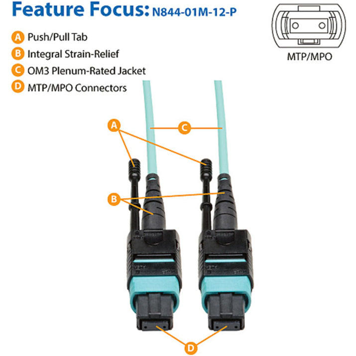 Tripp Lite by Eaton 1 Meter MTP / MPO Patch Cable, 12 Fiber, 40GbE Aqua OM3 Plenum N844-01M-12-P