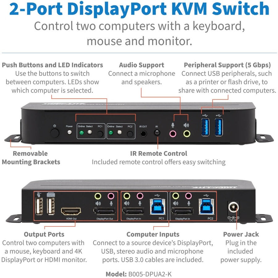 Tripp Lite par Eaton B005-DPUA2-K Commutateur KVM DisplayPort/USB 2 ports B005-DPUA2-K