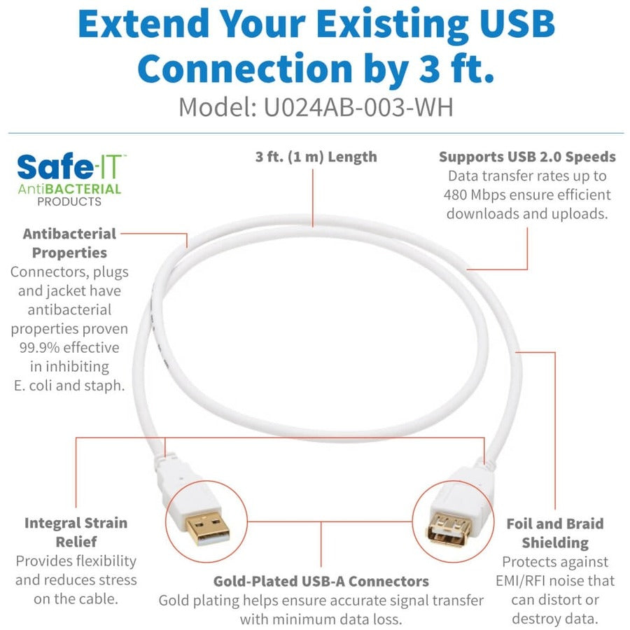 Tripp Lite Safe-IT USB-A Antibacterial Extension Cable (M/F), USB 2.0, White, 3 ft. U024AB-003-WH