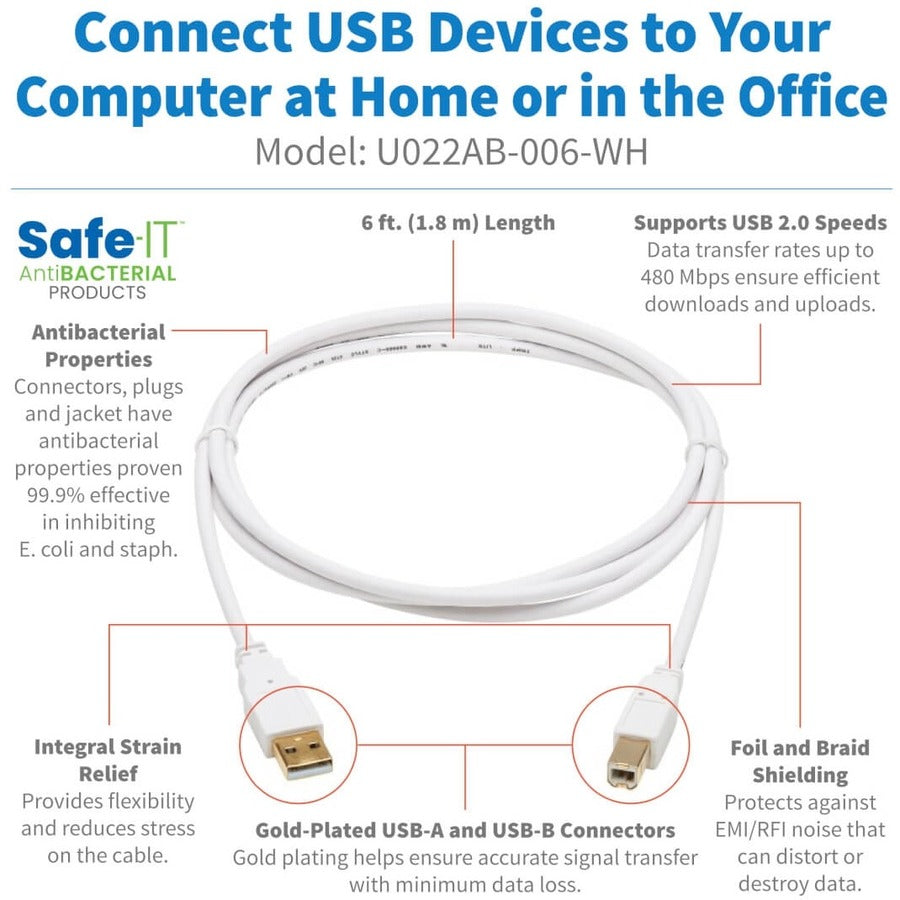 Tripp Lite Safe-IT USB-A to USB-B Antibacterial Cable (M/M), USB 2.0, White, 6 ft. U022AB-006-WH