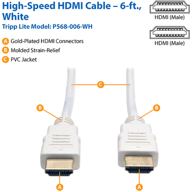 Tripp Lite 6 pieds câble HDMI haute vitesse vidéo numérique avec audio 4K x 2K M/M blanc 6' P568-006-WH