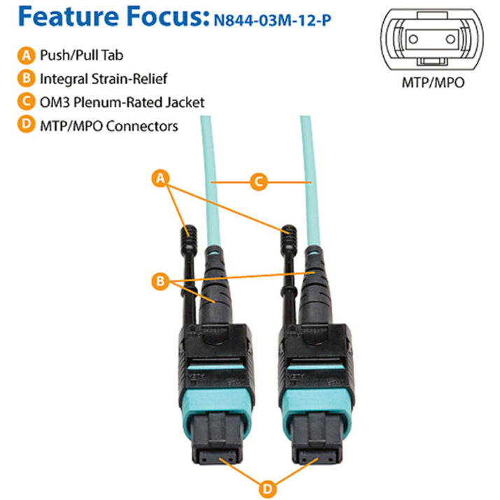 Tripp Lite by Eaton 3 Meter MTP / MPO Patch Cable, 12 Fiber, 40GbE Aqua OM3 Plenum N844-03M-12-P