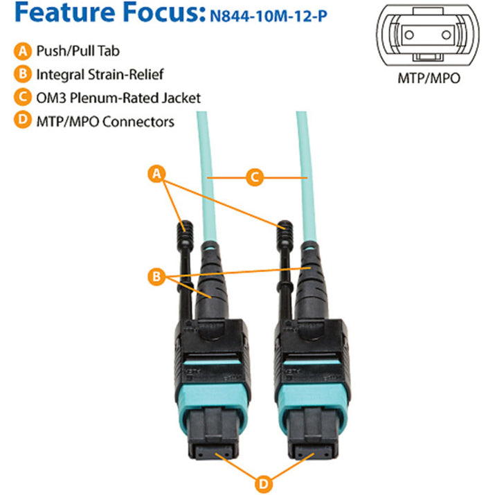 Tripp Lite by Eaton 10 Meter MTP / MPO Patch Cable, 12 Fiber, 40GbE Aqua OM3 Plenum N844-10M-12-P