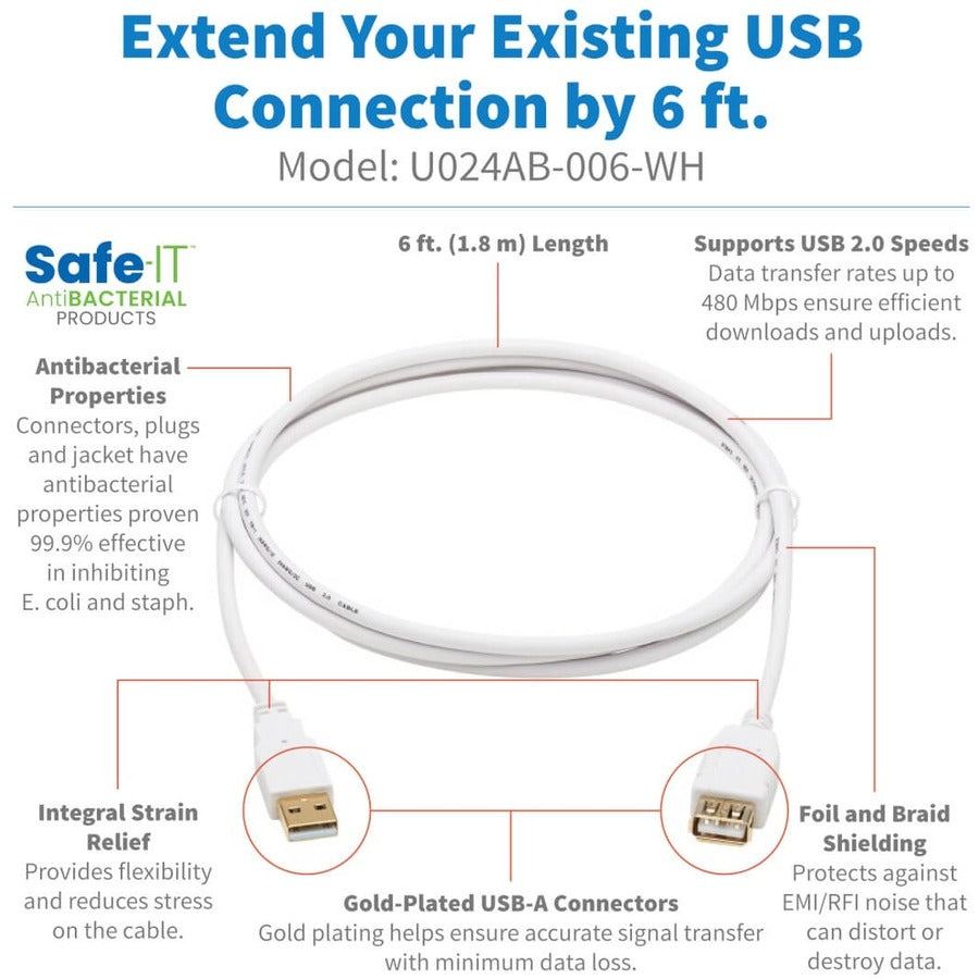 Tripp Lite Safe-IT USB-A Antibacterial Extension Cable (M/F), USB 2.0, White, 6 ft. U024AB-006-WH