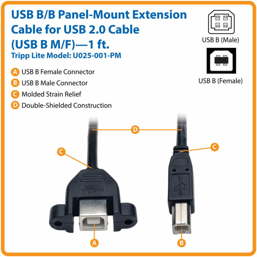 Tripp Lite by Eaton U025-001-PM 1-ft. Panel Mount USB 2.0 Extension Cable (USB B M/F) U025-001-PM