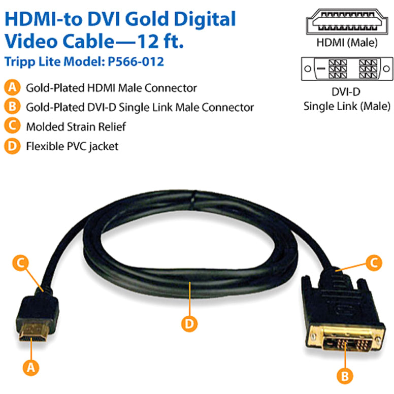 Tripp Lite 12ft HDMI to DVI-D Digital Monitor Adapter Video Converter Cable M/M 12' P566-012