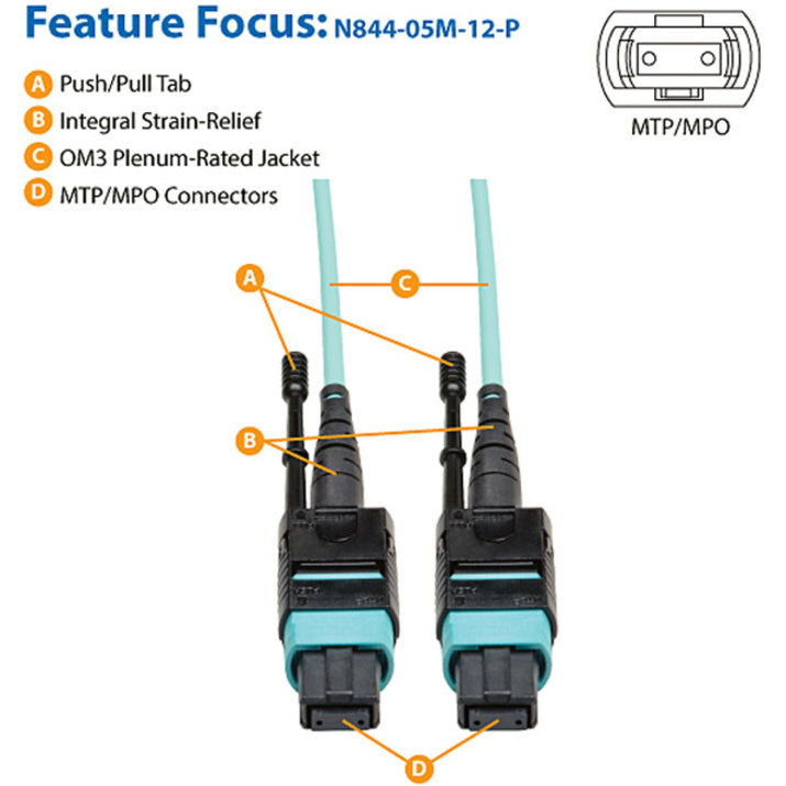 Tripp Lite by Eaton 5 Meter MTP / MPO Patch Cable, 12 Fiber, 40GbE Aqua OM3 Plenum N844-05M-12-P