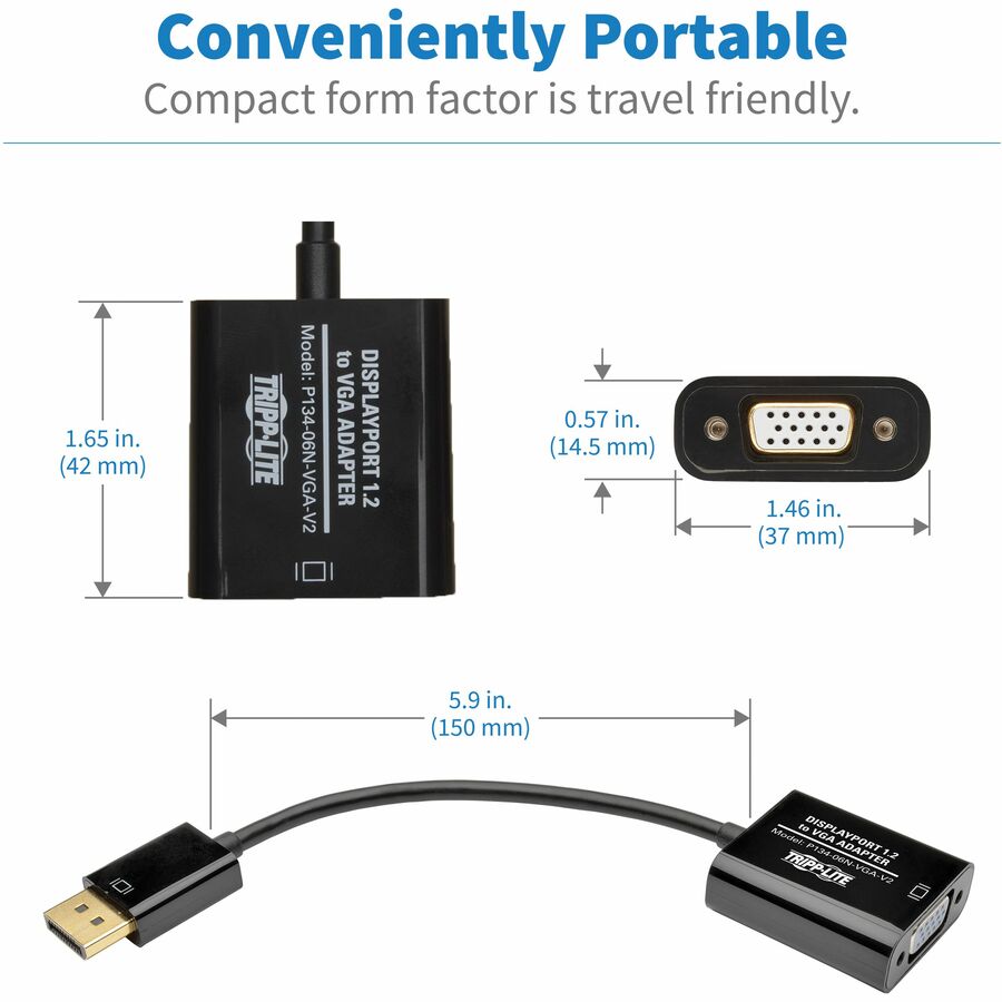 Adaptateur Tripp Lite 6 pouces DisplayPort vers VGA Convertisseur actif DP vers VGA M/F DPort 1.2 6" P134-06N-VGA-V2