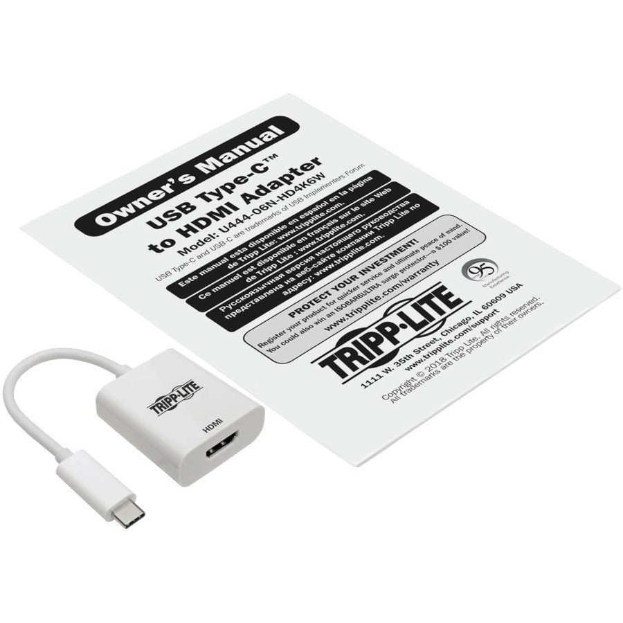 Adaptateur Tripp Lite by Eaton USB-C 3.1 vers HDMI 4K, M/F, compatible Thunderbolt 3, 4K à 60 Hz, blanc U444-06N-HD4K6W