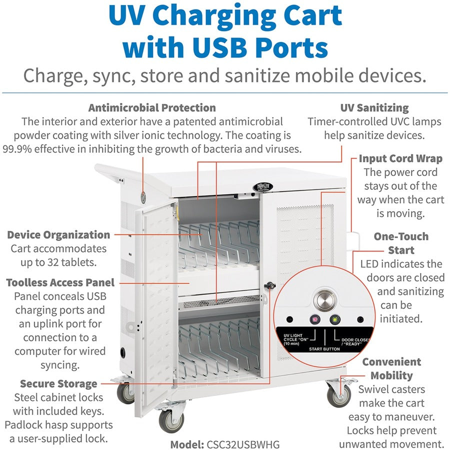 Tripp Lite by Eaton CSC32USBWHG Hospital-Grade 32-Device UV Charging Cart, White CSC32USBWHG