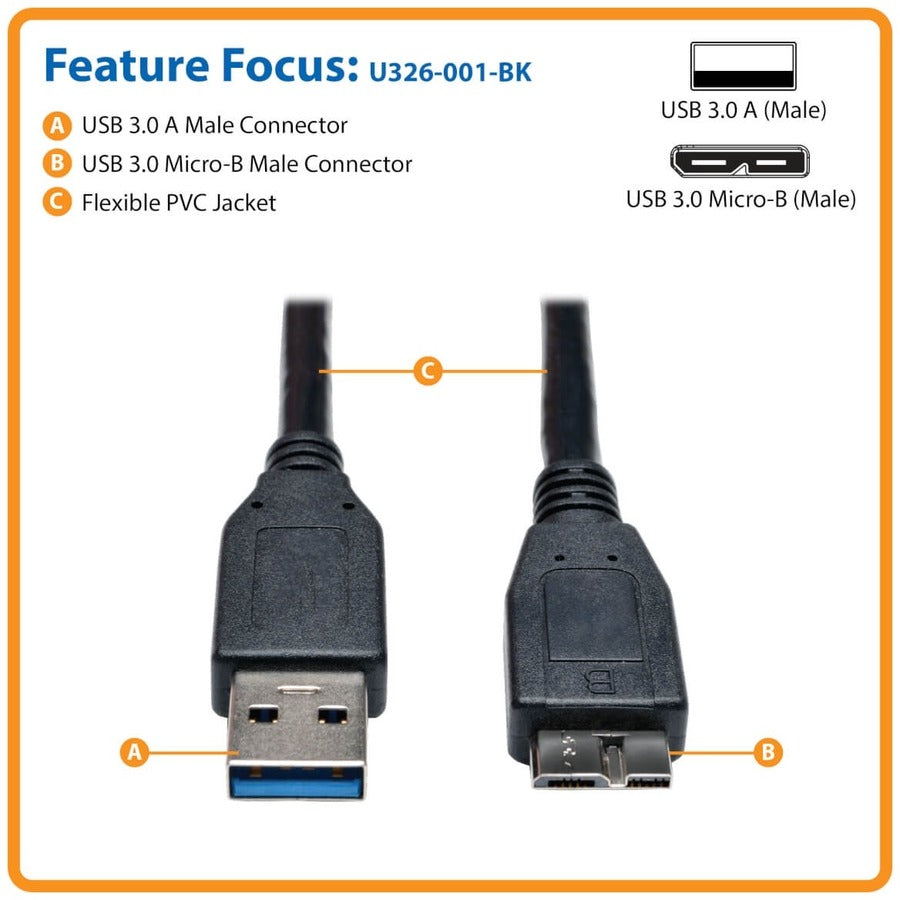 Tripp Lite by Eaton USB 3.0 SuperSpeed Device Cable (A to Micro-B M/M) Black, 1-ft. U326-001-BK