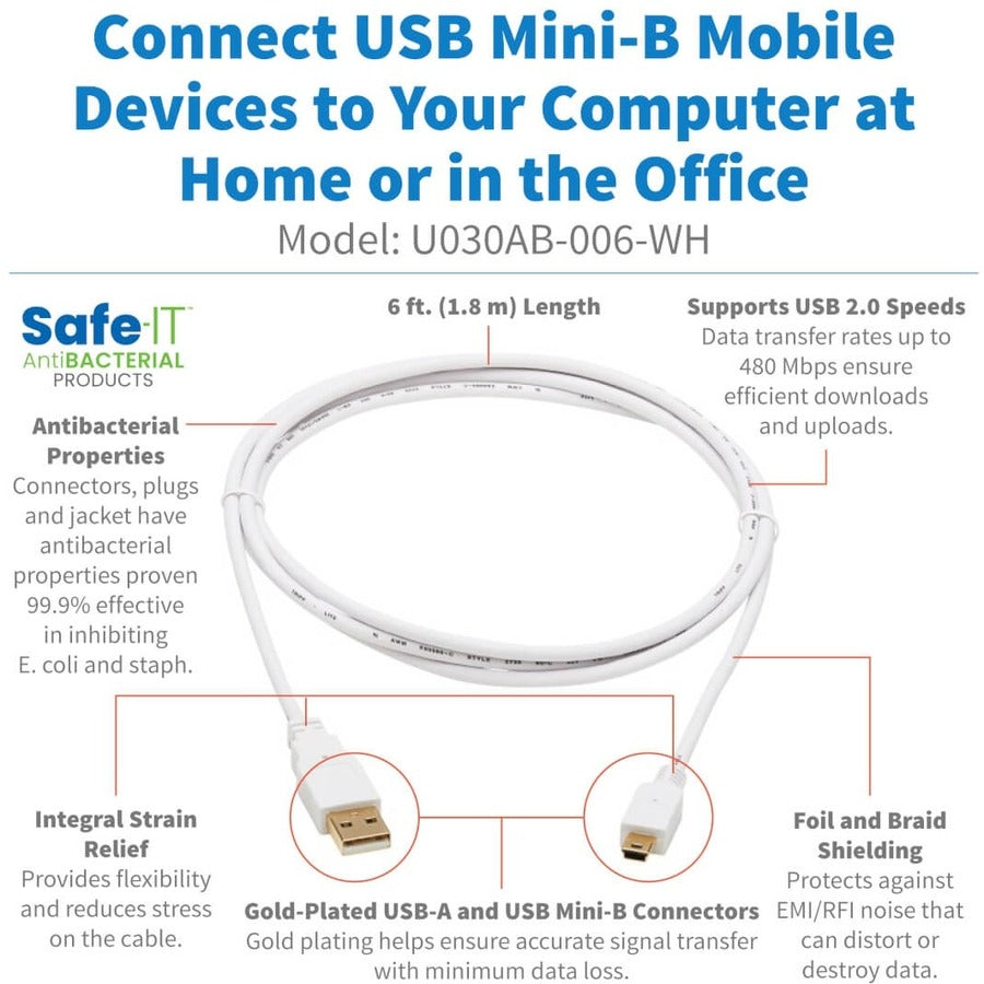 Tripp Lite Safe-IT USB-A to USB Mini-B Antibacterial Cable (M/M), USB 2.0, White, 6 ft. U030AB-006-WH