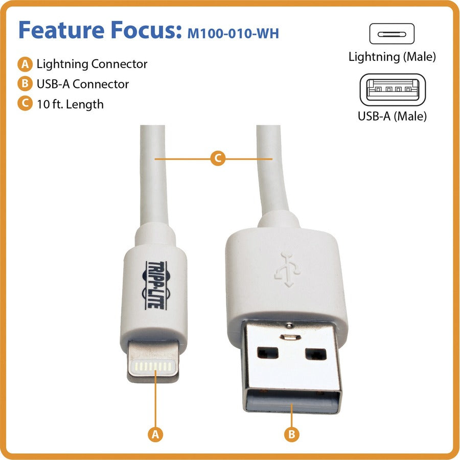 Tripp Lite by Eaton USB Sync/Charge Cable with Lightning Connector, White, 10 ft. (3 m) M100-010-WH