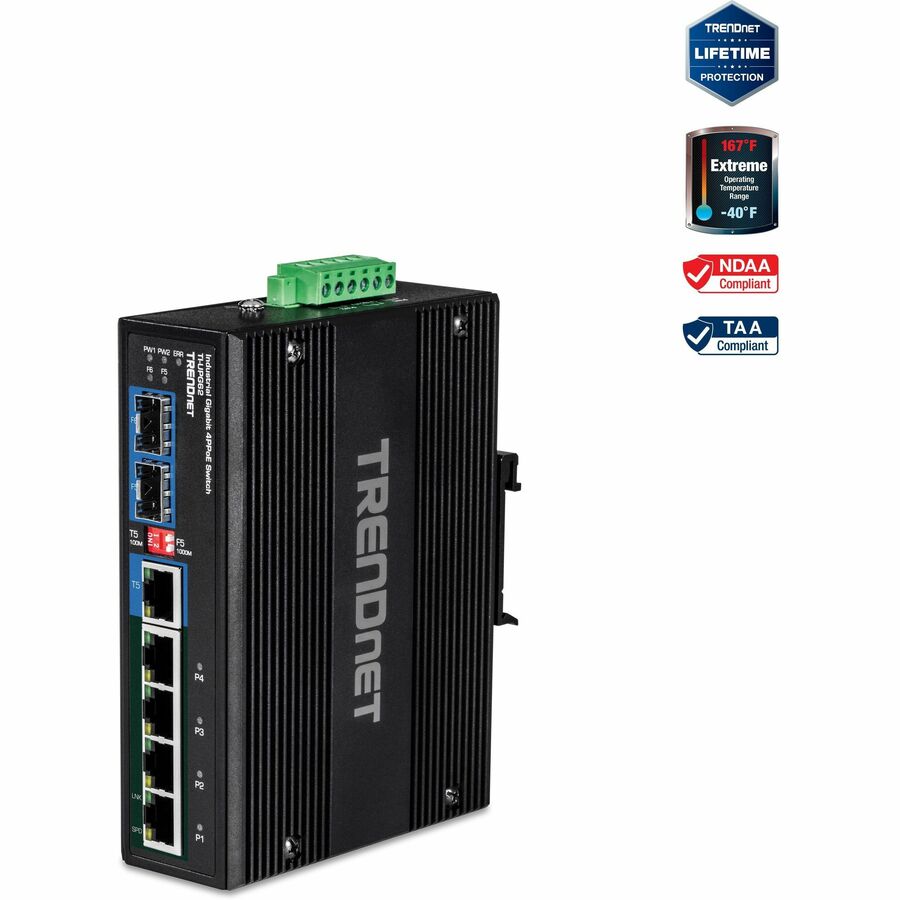 Commutateur sur rail DIN Ultra PoE Gigabit industriel renforcé à 6 ports TRENDnet 10/100/1000 Mbps ; UPoE ; IP30 ; Rail DIN et supports muraux inclus ; Protection à vie ; TI-UPG62 TI-UPG62