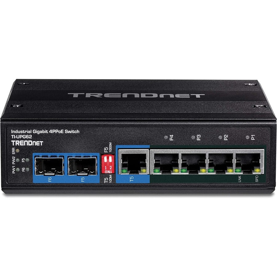 TRENDnet 6-Port Hardened Industrial Gigabit 10/100/1000 Mbps Ultra PoE DIN-Rail Switch; UPoE; IP30; DIN-Rail & Wall Mounts Included; Lifetime Protection; TI-UPG62 TI-UPG62