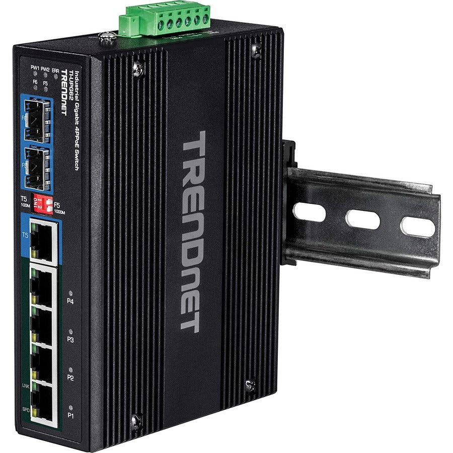 Commutateur sur rail DIN Ultra PoE Gigabit industriel renforcé à 6 ports TRENDnet 10/100/1000 Mbps ; UPoE ; IP30 ; Rail DIN et supports muraux inclus ; Protection à vie ; TI-UPG62 TI-UPG62