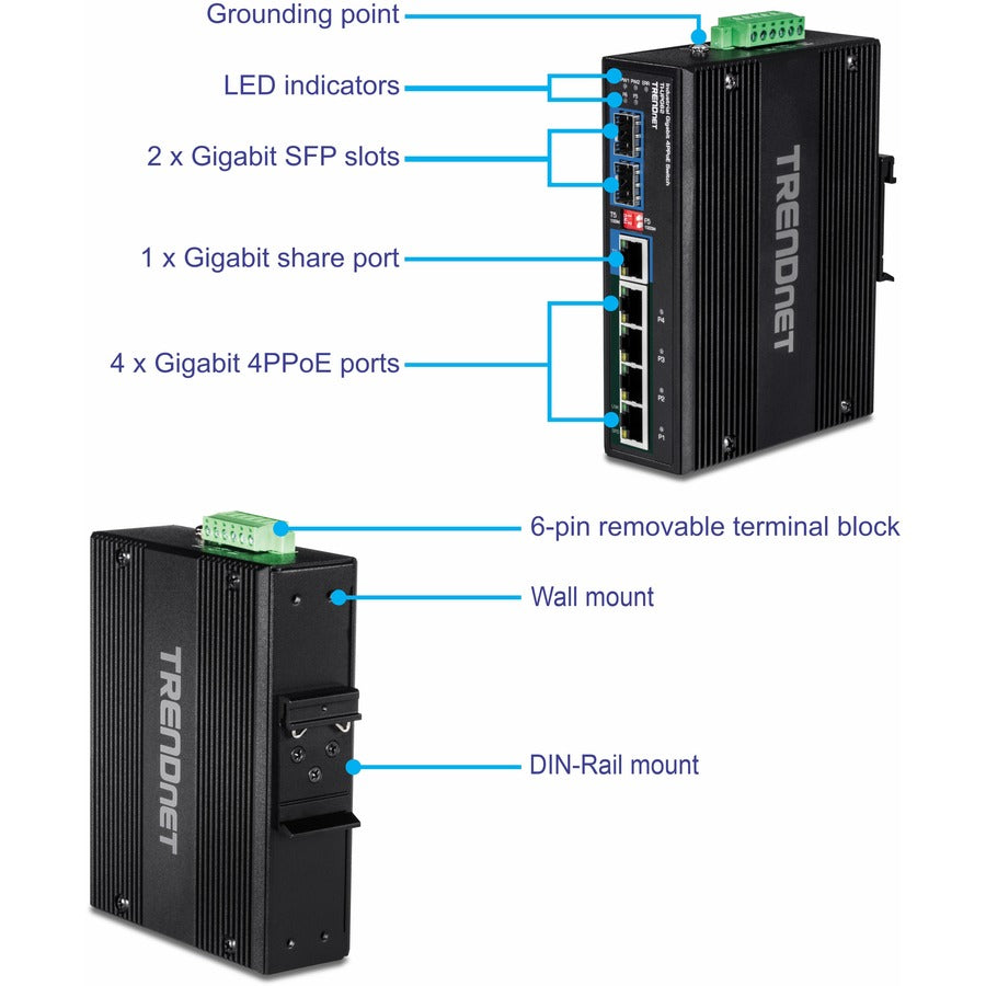 Commutateur sur rail DIN Ultra PoE Gigabit industriel renforcé à 6 ports TRENDnet 10/100/1000 Mbps ; UPoE ; IP30 ; Rail DIN et supports muraux inclus ; Protection à vie ; TI-UPG62 TI-UPG62