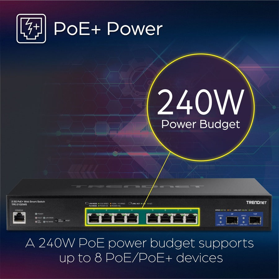 Commutateur Web intelligent PoE+ multi-Gig TRENDnet à 10 ports TPE-3102WS