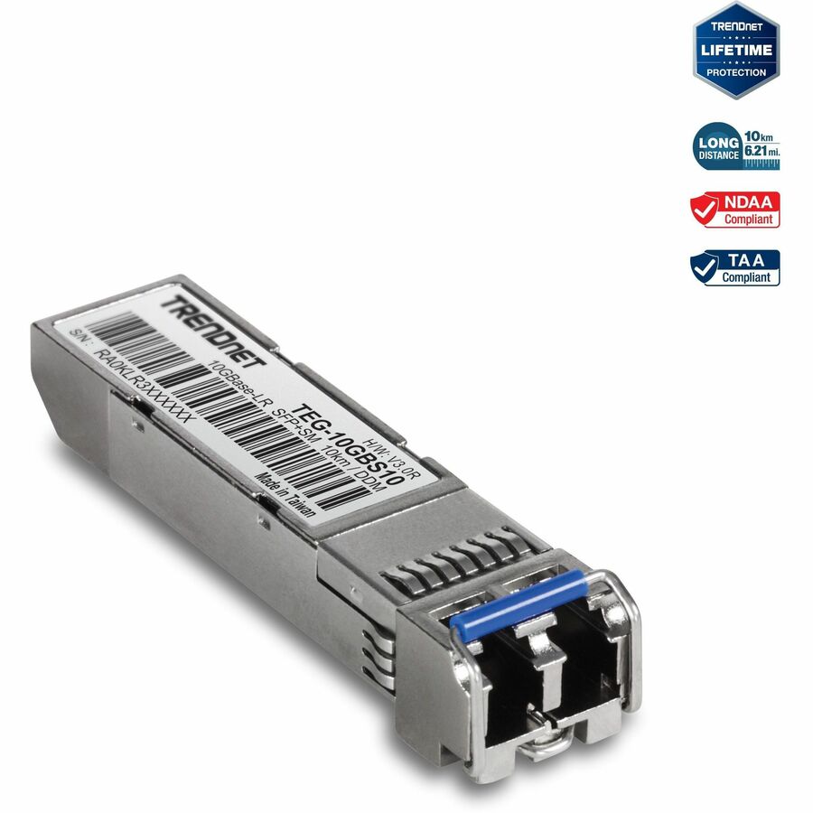 Module LC monomode TRENDnet SFP vers RJ45 10GBASE-LR SFP+ ; TEG-10GBS10 ; Jusqu'à 10 km (6,2 milles); Émetteur-récepteur SFP enfichable à chaud ; Connecteur LC duplex ; 1310 nm ; Alimentation 3,3 V ; Protection à vie TEG-10GBS10