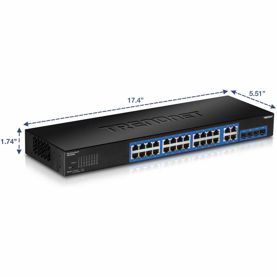 TRENDnet 28-Port Gigabit Web Smart Switch; 24 x Gigabit Ports; 4 x Shared Gigabit Ports (RJ-45/SFP); VLAN; QoS; LACP; IPv6; 56Gbps Switching Capacity; Lifetime Protection; TEG-284WS TEG-284WS