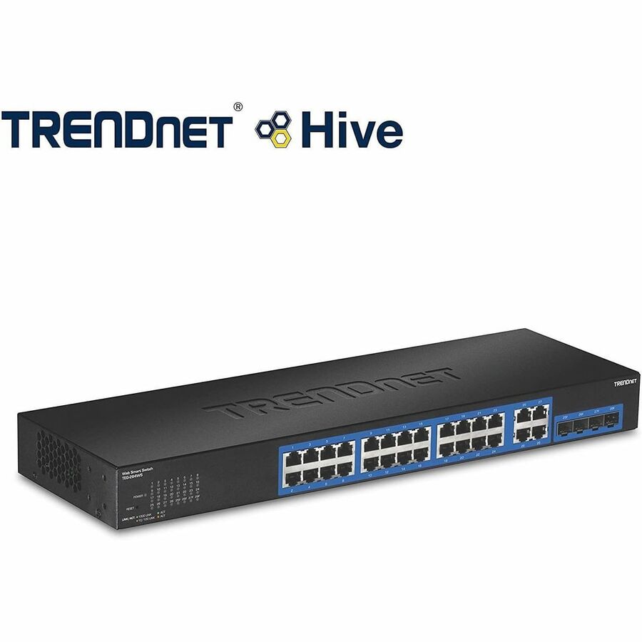 TRENDnet 28-Port Gigabit Web Smart Switch; 24 x Gigabit Ports; 4 x Shared Gigabit Ports (RJ-45/SFP); VLAN; QoS; LACP; IPv6; 56Gbps Switching Capacity; Lifetime Protection; TEG-284WS TEG-284WS