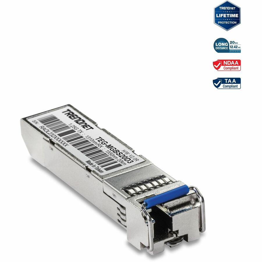 TRENDnet SFP vers module LC monomode double longueur d'onde RJ45 ; TEG-MGBS20D3 ; Doit s'associer avec TEG-MGBS20D5 ou un module compatible ; Jusqu'à 20 km (12,4 miles) ; SFP bidirectionnel (WDM) ; Protection à vie TEG-MGBS20D3