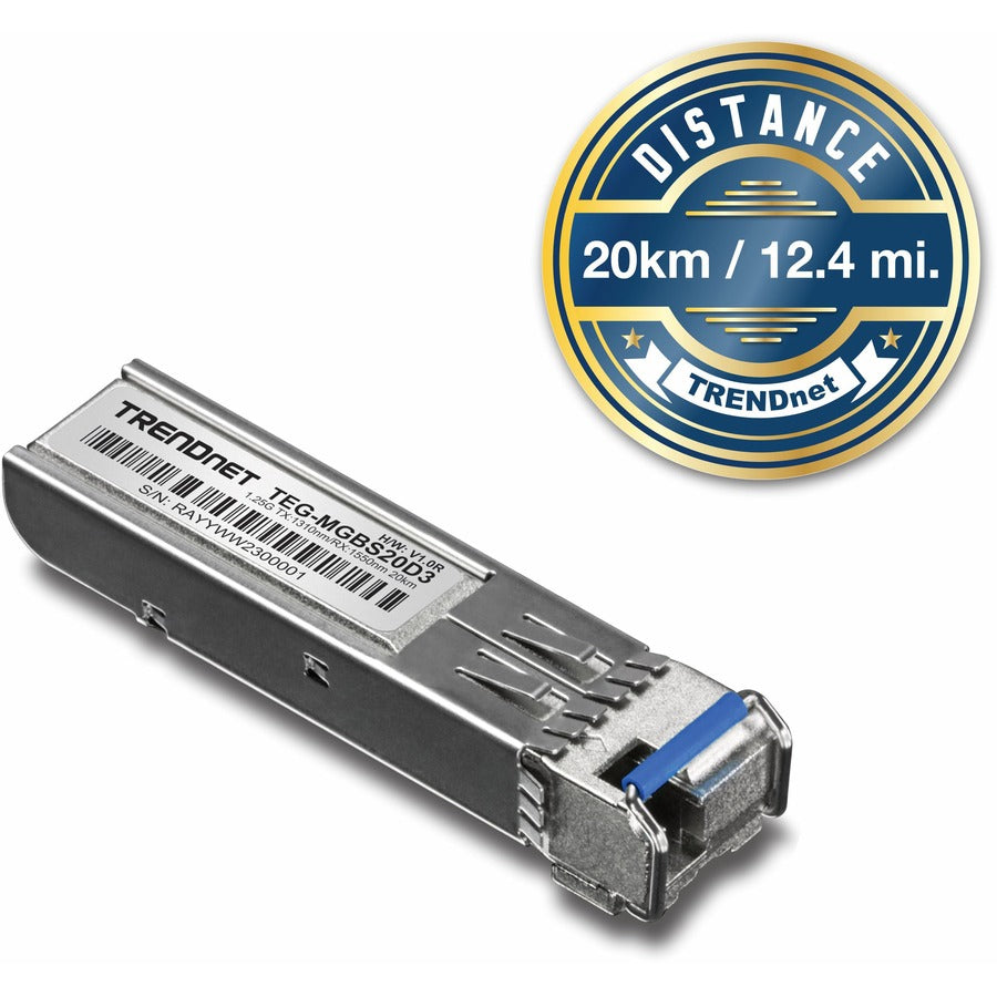 TRENDnet SFP to RJ45 Dual Wavelength Single-Mode LC Module; TEG-MGBS20D3; Must Pair w/ TEG-MGBS20D5 or a Compatible Module; Up to 20 km (12.4 miles); Bi-Directional (WDM) SFP; Lifetime Protection TEG-MGBS20D3