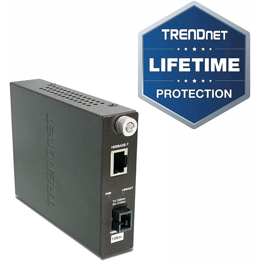 TRENDnet Intelligent 1000Base-T to 1000Base-LX Dual Wavelength Single Mode SC Fiber Media Converter (10km/6.2miles) Fiber to Ethernet Converter; Fiber Port; RJ-45; Lifetime Protection; TFC-1000S10D3 TFC-1000S10D3