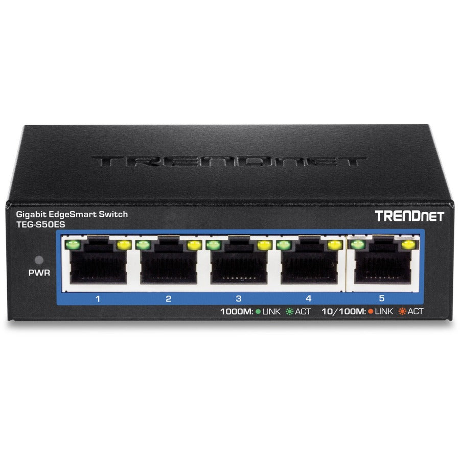 Commutateur EdgeSmart Gigabit 5 ports TRENDnet ; TEG-S50ES ; 5 ports Gigabit ; Capacité de commutation de 10 Gbit/s ; Commutateur de bureau réseau Ethernet ; Switch Gigabit intelligent géré ; Métal; Sans ventilateur ; Protection à vie TEG-S50ES