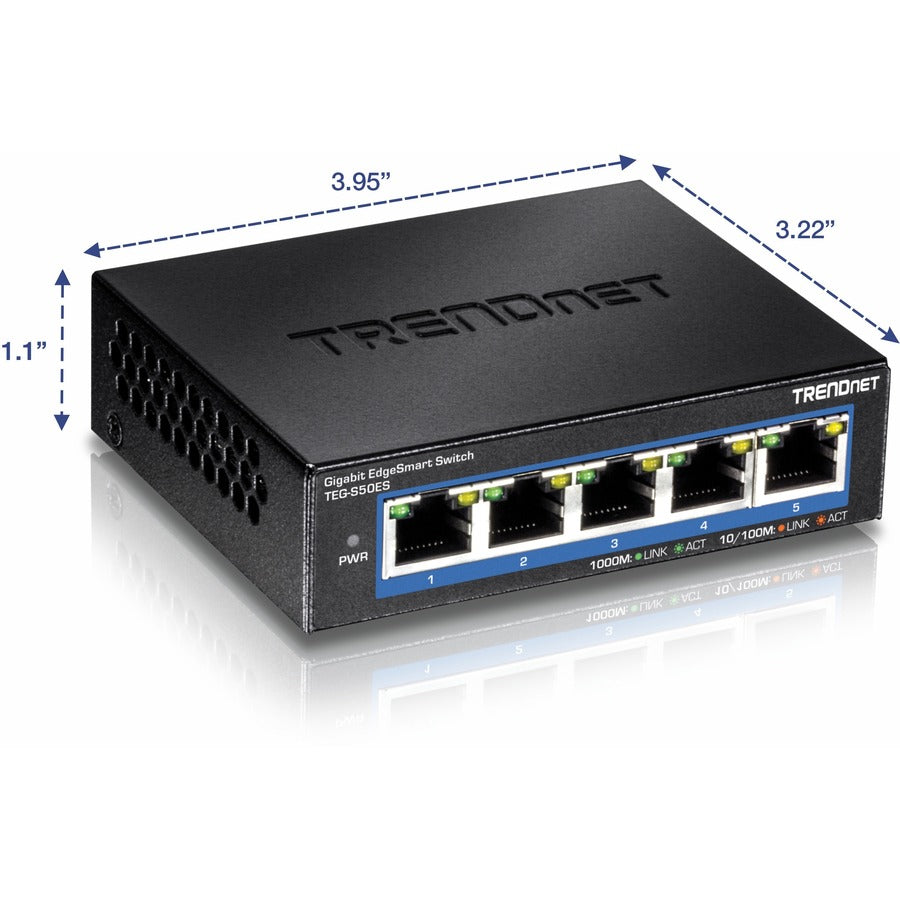 Commutateur EdgeSmart Gigabit 5 ports TRENDnet ; TEG-S50ES ; 5 ports Gigabit ; Capacité de commutation de 10 Gbit/s ; Commutateur de bureau réseau Ethernet ; Switch Gigabit intelligent géré ; Métal; Sans ventilateur ; Protection à vie TEG-S50ES