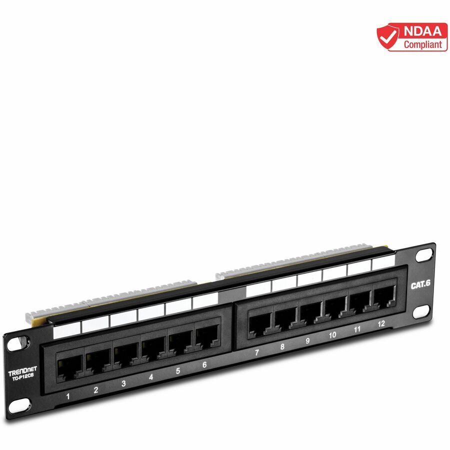 TRENDnet 12-Port Cat6 Unshielded Patch Panel, TC-P12C6, 10 Inch Wide, 12 x Gigabit RJ-45 Ethernet Ports, Metal Housing, 250MHz Connection, Color-coded labeling for T568A & T568B Wiring, Port Labels TC-P12C6