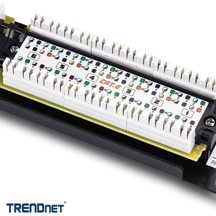 TRENDnet 12-Port Cat6 Unshielded Patch Panel, TC-P12C6, 10 Inch Wide, 12 x Gigabit RJ-45 Ethernet Ports, Metal Housing, 250MHz Connection, Color-coded labeling for T568A & T568B Wiring, Port Labels TC-P12C6