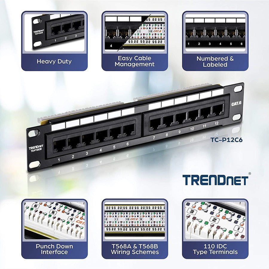 TRENDnet 12-Port Cat6 Unshielded Patch Panel, TC-P12C6, 10 Inch Wide, 12 x Gigabit RJ-45 Ethernet Ports, Metal Housing, 250MHz Connection, Color-coded labeling for T568A & T568B Wiring, Port Labels TC-P12C6