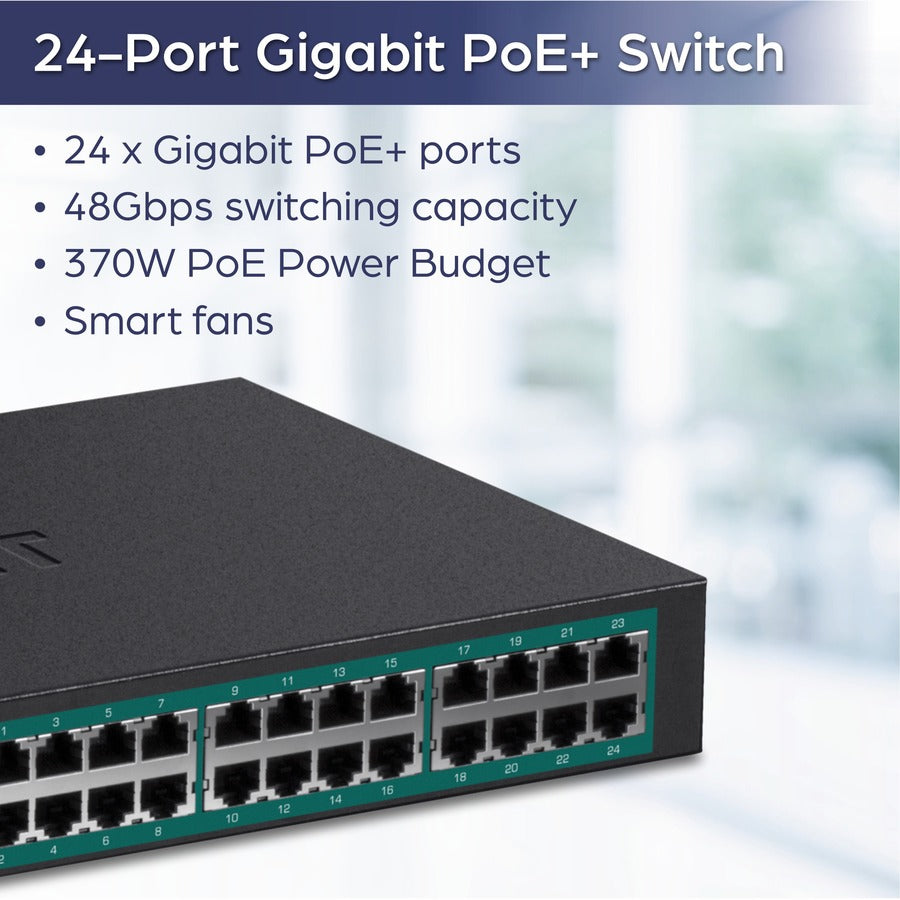 TRENDnet Switch PoE+ Gigabit 24 ports, 24 ports Gigabit PoE+, budget d'alimentation 370 W, capacité de commutation 48 Gbit/s, kit de montage en rack inclus, commutateur réseau Ethernet, métal, protection à vie, noir, TPE-TG240G TPE-TG240G