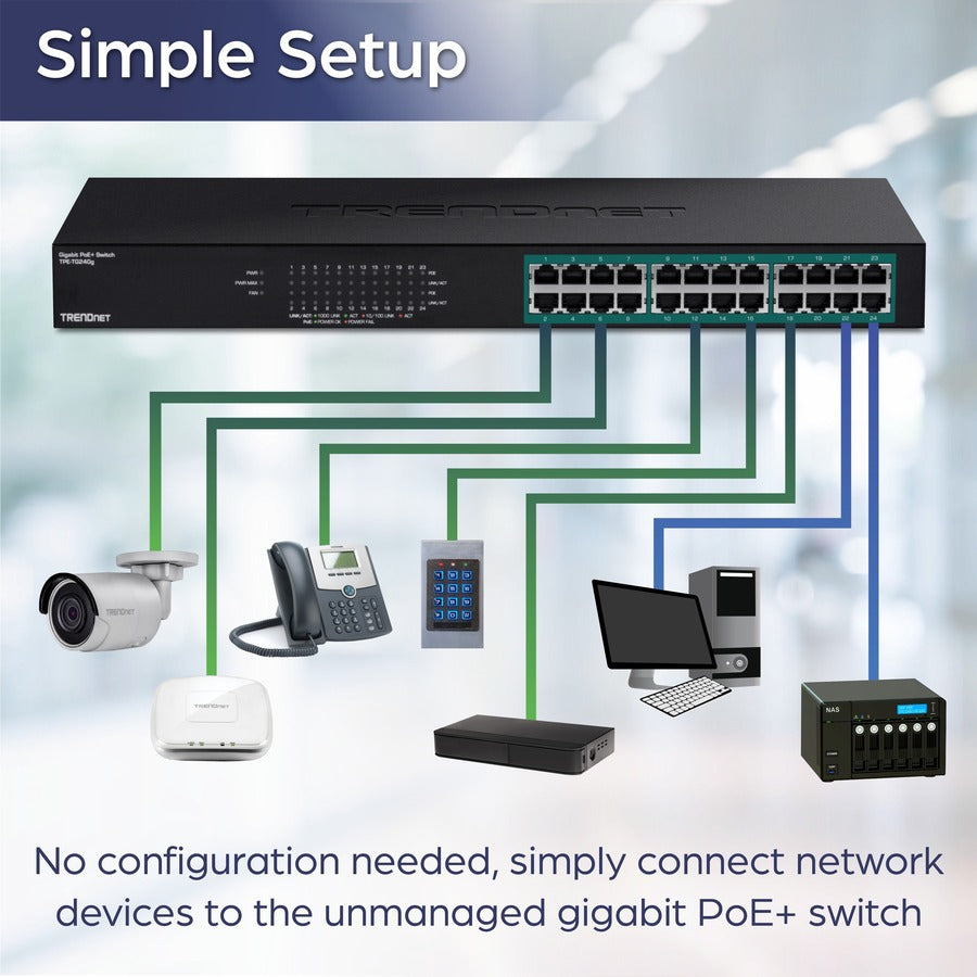 TRENDnet Switch PoE+ Gigabit 24 ports, 24 ports Gigabit PoE+, budget d'alimentation 370 W, capacité de commutation 48 Gbit/s, kit de montage en rack inclus, commutateur réseau Ethernet, métal, protection à vie, noir, TPE-TG240G TPE-TG240G