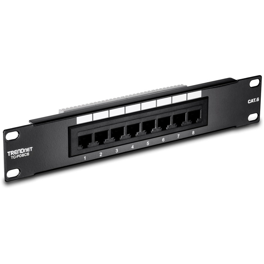 Panneau de brassage non blindé TRENDnet Cat6 à 8 ports, TC-P08C6, montage en rack, 10 pouces de large, 8 ports Ethernet Gigabit RJ-45, ports prénumérotés, connexion 250 Mhz, étiquetage à code couleur, 110 borniers IDC TC-P08C6