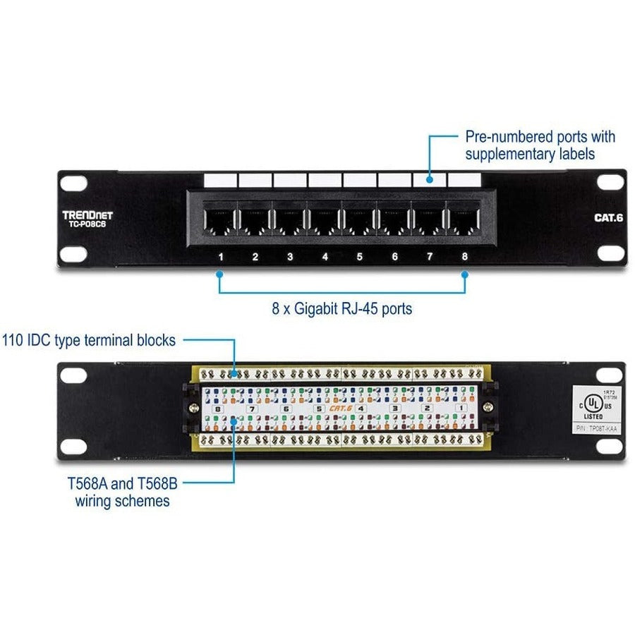 TRENDnet 8-Port Cat6 Unshielded Patch Panel, TC-P08C6, Rackmount, 10 Inch Wide, 8 x Gigabit RJ-45 Ethernet Ports, Pre-numbered Ports, 250 Mhz Connection, Color Coded Labeling, 110 IDC Terminal Blocks TC-P08C6