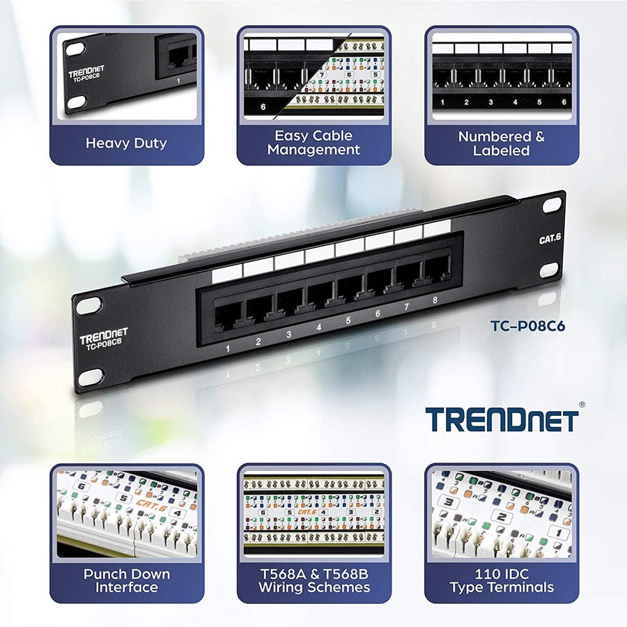 TRENDnet 8-Port Cat6 Unshielded Patch Panel, TC-P08C6, Rackmount, 10 Inch Wide, 8 x Gigabit RJ-45 Ethernet Ports, Pre-numbered Ports, 250 Mhz Connection, Color Coded Labeling, 110 IDC Terminal Blocks TC-P08C6