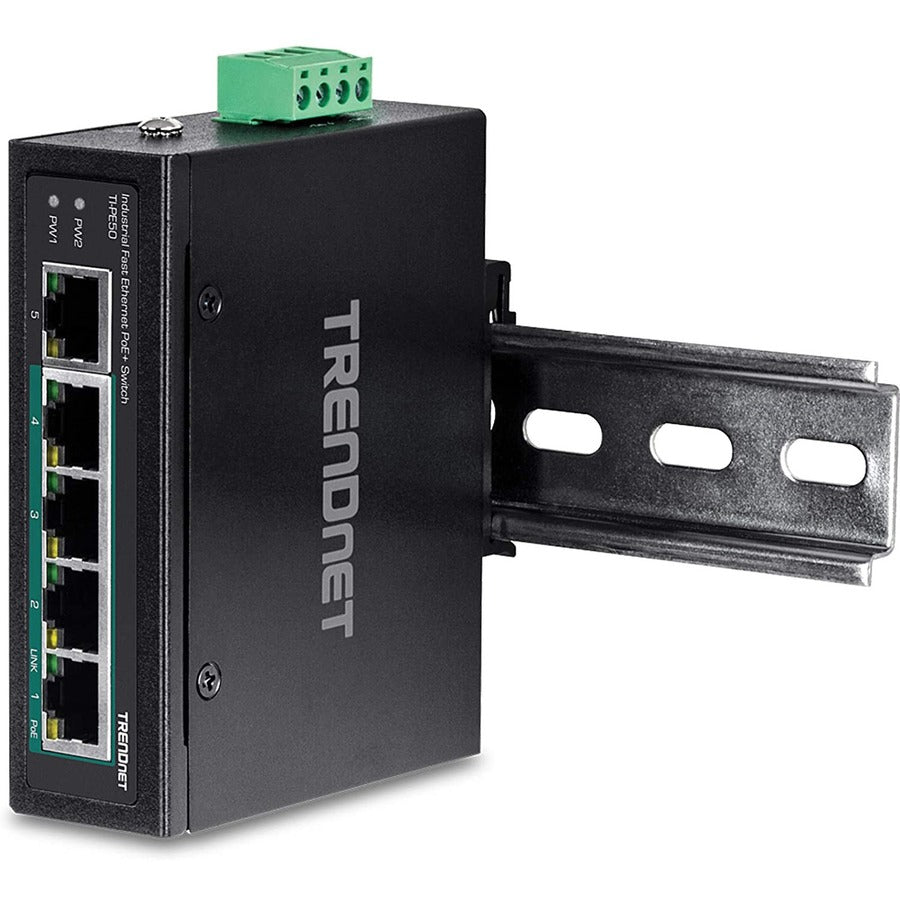 TRENDnet 5-Port Industrial Fast Ethernet DIN-Rail Switch, 4 x Fast Ethernet PoE+ Ports, 1 x Fast Ethernet Port, 90W PoE Power Budget, DIN-Rail, IP30 Rated, Lifetime Protection, Black, TI-PE50 TI-PE50