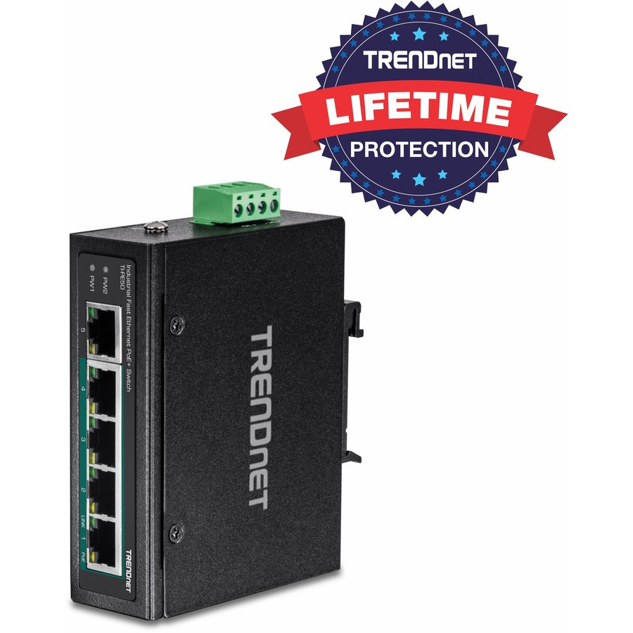 TRENDnet Commutateur industriel Fast Ethernet sur rail DIN à 5 ports, 4 ports Fast Ethernet PoE+, 1 x port Fast Ethernet, budget d'alimentation PoE 90 W, rail DIN, indice IP30, protection à vie, noir, TI-PE50 TI-PE50