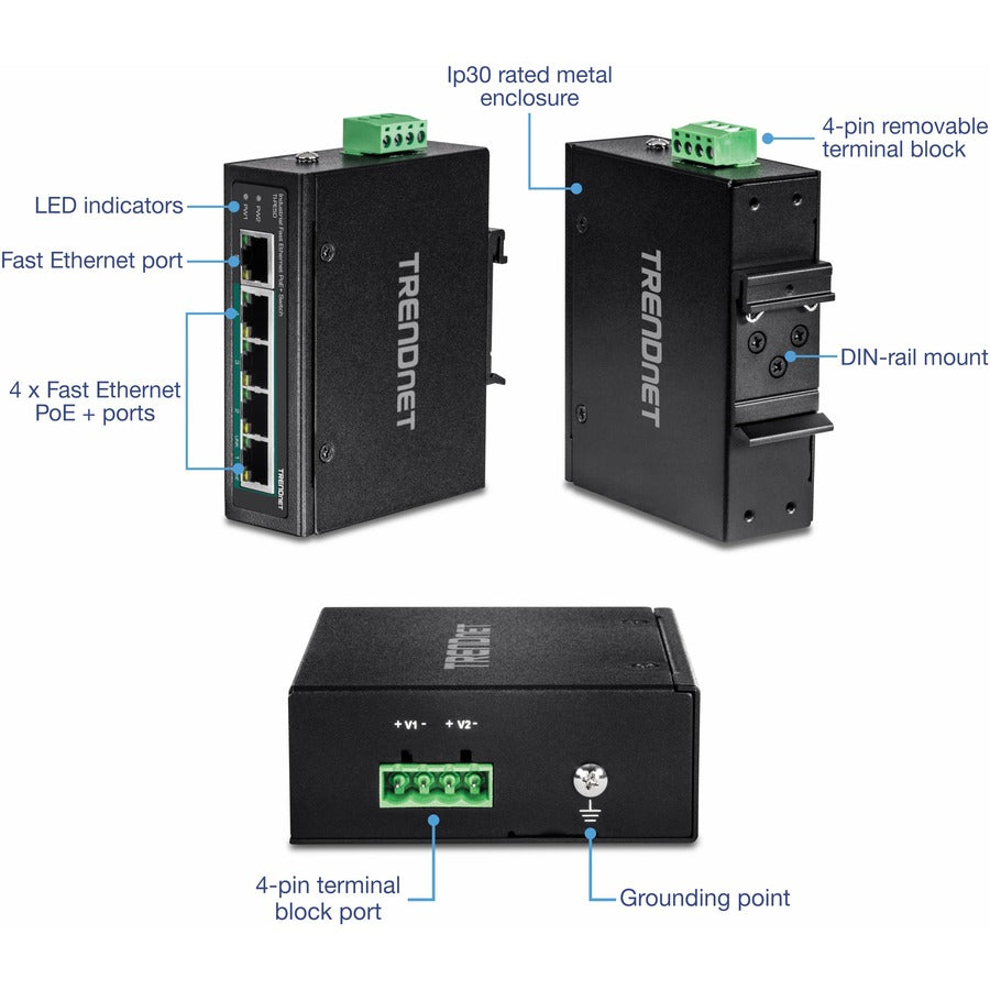 TRENDnet Commutateur industriel Fast Ethernet sur rail DIN à 5 ports, 4 ports Fast Ethernet PoE+, 1 x port Fast Ethernet, budget d'alimentation PoE 90 W, rail DIN, indice IP30, protection à vie, noir, TI-PE50 TI-PE50