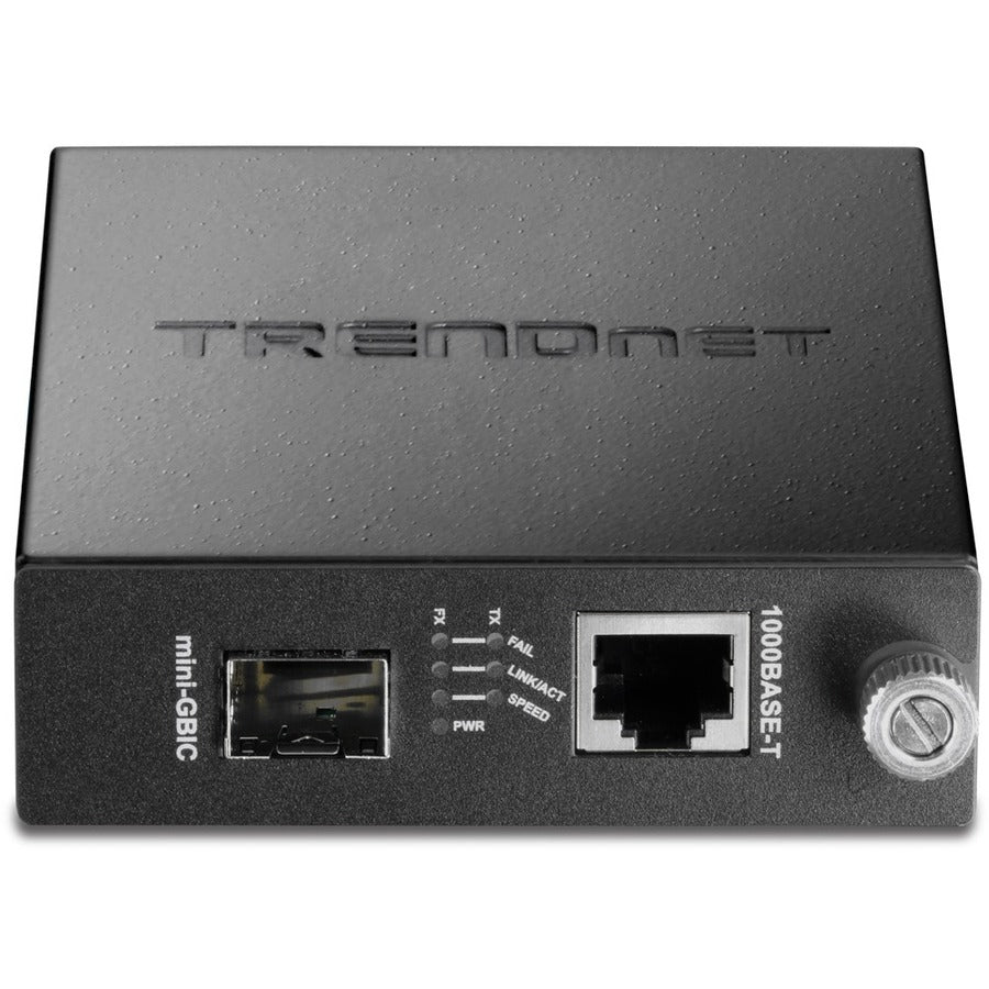 TRENDnet Convertisseur de média fibre 100/1000Base-T vers SFP, convertisseur fibre vers Ethernet, 1 port RJ-45 10/100/1000Base-T, 1 x emplacement mini-GBIC, protection à vie, noir, TFC-1000MGA TFC-1000MGA