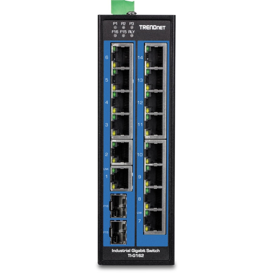 Commutateur sur rail DIN Gigabit industriel non géré renforcé à 16 ports TRENDnet ; TI-G162 ; 14 ports Gigabit ; 2 emplacements SFP Gigabit ; capacité de commutation de 32 Gbit/s ; Commutateur réseau Ethernet IP30 ; Protection à vie TI-G162