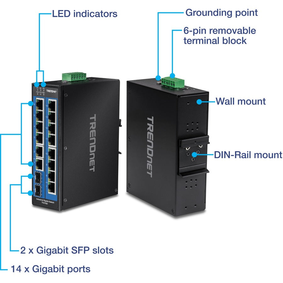 TRENDnet 16-Port Hardened Industrial Unmanaged Gigabit DIN-Rail Switch; TI-G162; 14 x Gigabit Ports; 2 x Gigabit SFP Slots;32Gbps Switching Capacity; IP30 Ethernet Network Switch; Lifetime Protection TI-G162